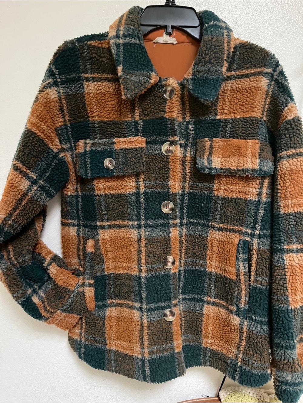Mystree Plaid Teddy Button-Up Jacket in Green & Tan